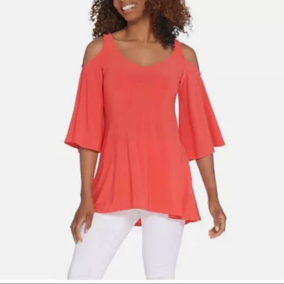 Attitudes by Renee Cold-Shoulder Bell Sleeve Jersey Knit Top - Picture 1 of 6